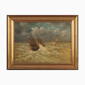 Emmanuel Joseph Lauret, Boat On the Wild Sea, Oil On Canvas