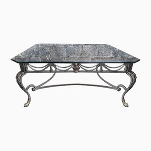 Large Wrought Iron Coffee Table with Glass Top, 1950s