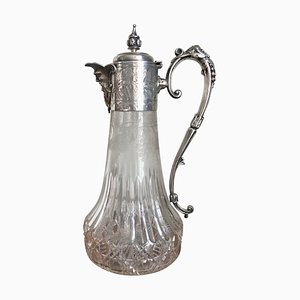 Antique Victorian Etched Glass and Silver Plated Claret Jug
