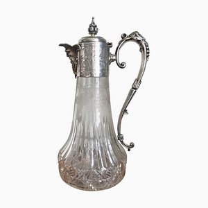 Pichet Victorien Antique en Verre Gravé et Plaqué Argent