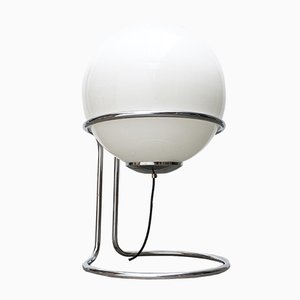 Lámpara de pie era espacial vintage de cromo y esfera de vidrio