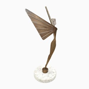 Mid-Century Brass Nike Sculpture with Marble Pedestal, 1940s