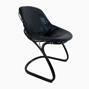 Chaise Sabrina en Cuir Noir et Acier par Gastone Rinaldi pour Thema, Italie, 1970s