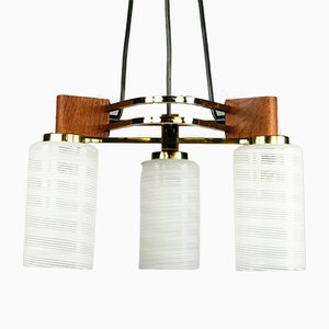 Mid-Century Triangular Teak, Brass & Glass Pendant Lamp