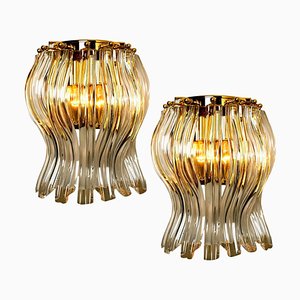 Venini Style Murano Glass and Gilt Brass Sconces, Italy, Set of 2