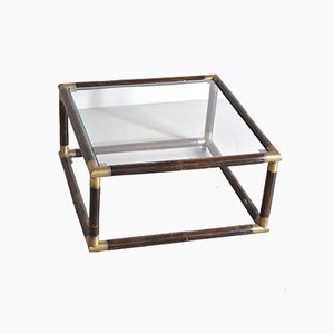 Mesa de centro cuadrada de bambú con bordes de latón y tablero de vidrio, años 60
