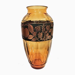 Cut Amber Glass Vase with Orographic Frame with Fruit Motifs, 1930s