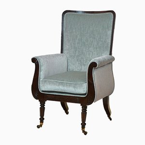 Antique Regency Mahogany & Designers Guild Velvet Lyre-Shaped Armchair in the Style of Gillows Manner