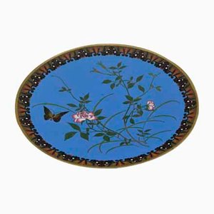 Plat Émaillé Cloisonné de la Période Meiji Antique avec Papillon parmi les Fleurs