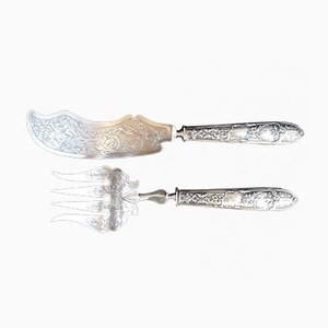 Fish Serving Implements with Silver Handles, 1800s, Set of 2