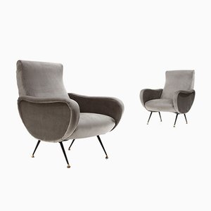 Gray Velvet Armchairs, 1950s, Set of 2