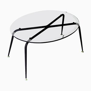 Centre de Table Ovale Mid-Century en Verre Noir et Laiton, France, 1950s