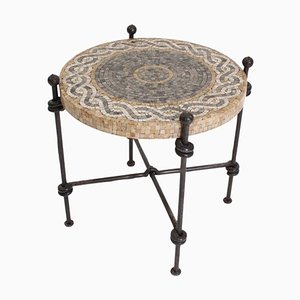 Round Tiled Marble Black Brown French Side Table, 1940s