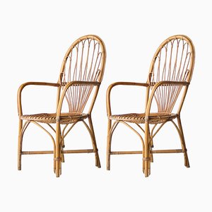 Set of Mid-Century Bamboo Wicker Armchairs, France, 1970s