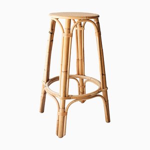 Tabouret Mid-Century en Fibre Naturelle et Bambou, France, 1970s