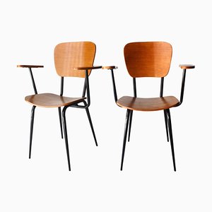 Set of Mid-Century Black Iron Teak Armchairs, France, 1950s