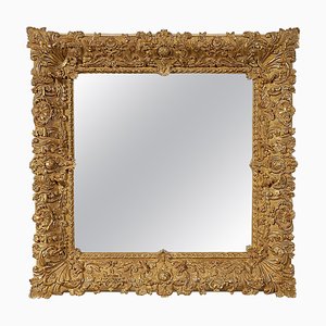 Specchio quadrato dorato in legno intagliato a mano, Spagna, anni '70