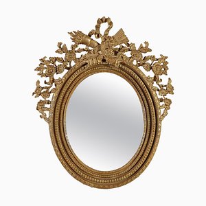 Miroir Rond en Feuille d'Or Sculpté à la Main en Bois, 1970