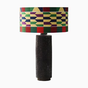 Cylindrical Black Handmade Ceramic Table Lamp by Emilio Rey, France, 1950