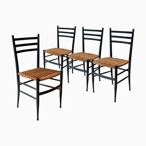 Mid-Century Black Lacquered Natural Fiber Chairs, Italy, 1950s, Set of 4