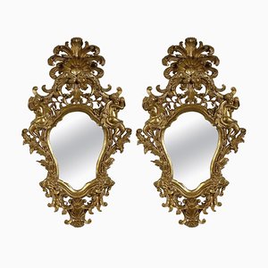 Gold Foil Hand-Carved Wooden Mirrors, Spain, 1970s, Set of 2