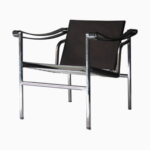 Italienischer Bauhaus Armlehnstuhl aus schwarzem Leder & Stahlrohr im Stil von Le Corbusier, 1980