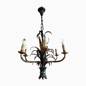 Lámpara de araña Mid-Century de bronce, hierro lacado y bambú de imitación