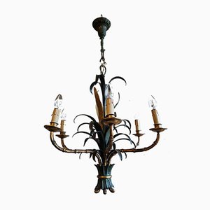 Mid-Century Bronze, Lacquered Iron & Faux Bamboo Chandelier