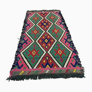 Petit Tapis Kilim en Laine Rose, Rouge & Verte, Turquie, 1950s