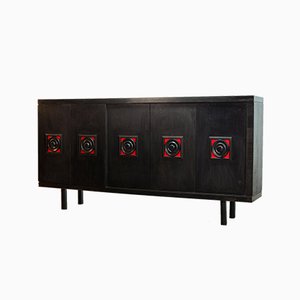 Large De Coene Style Belgian Brutalist Black Sideboard with Red Accents, 1960s