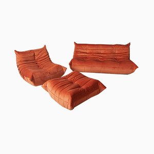 Amber Orange Togo Samtsessel, Pouf, 3-Sitzer Sofa von Michel Ducaroy für Ligne Roset, 3er Set