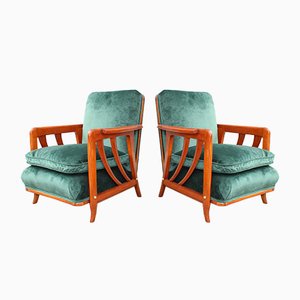 Set of Cherrywood & Forest Green Velvet Lounge Chairs by Paolo Buffa, 1950s
