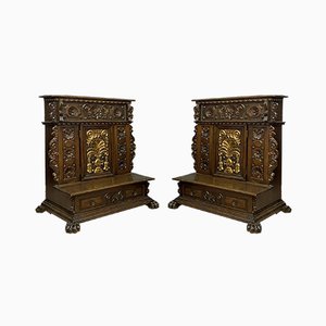Antique Italian Renaissance Style Walnut & Gilt Benches, 1880s, Set of 2