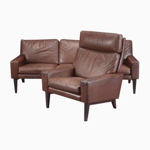 Danish Brown Leather 3-Seater Sofa & Armchair, 1970s, Set of 2