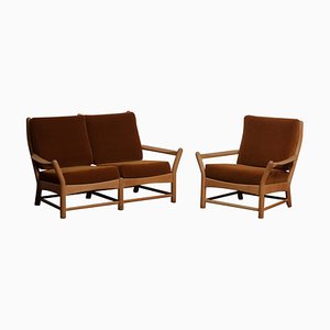 Oak and Brown Velvet Sofa and Chair Lounge Set, Denmark, 1950s