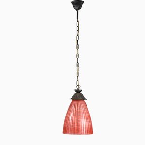 Italian Striped Coral Red Glass Ceiling Lamp, 1970s