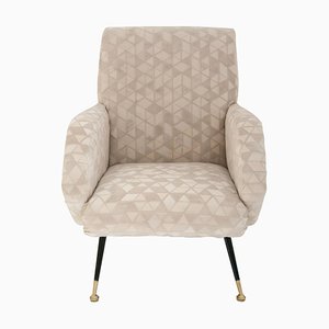 Mid-Century Grey Velvet & Brass Armchair in the Style of Marco Zanuso, Italy, 1950