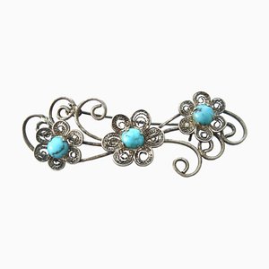 Vintage Sterling Silver & Turquoise Cabochons Brooch, 1960s