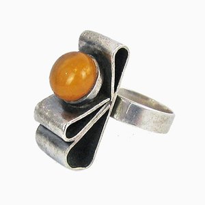 Vintage Silver Amber Ring, 1980s