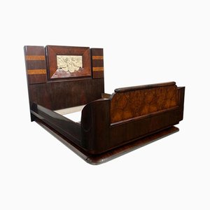 Art Deco Rosewood & Walnut Bed Frame with Carved Headboard by Ducrot, 1922