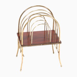 Antique French Art Nouveau Brass & Mahogany Magazine Rack, 1900s