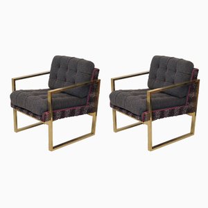 Set of Italian Brass and Fabric Armchairs, 1950s