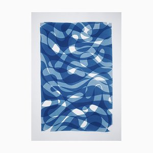 Layered Looping Lines, White and Blue Monotype, Organic Shapes, 2021