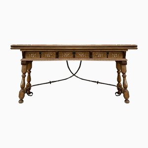 Early 20th Century Spanish Fold Out Console Table with Iron Stretcher & 3 Drawers