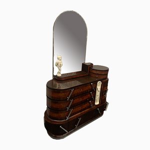 Rosewood & Carved Burl Oval Chest of Drawers & Mirror by Ducrot, 1920s, Set of 2