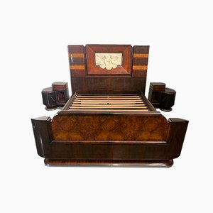 Rosewood and Walnut Bed and Bedside Tables with Cherub Carving by Ducrot, 1929, Set of 3