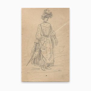 George Auriol - Giovane donna con ombrello - Disegno a matita - fine XIX secolo