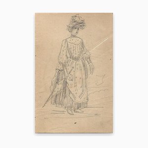 George Auriol - Jeune Femme avec un Parapluie - Dessin au Crayon - 1890s