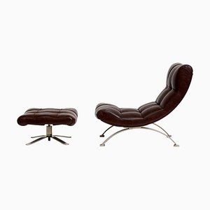 Fauteuil Vintage en Cuir avec Repose-Pieds, 1960s, Set de 2