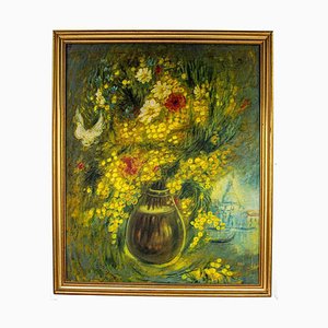 Tableau Vito Mirza - Mimosa and Field Flowers - Peinture à l'Huile Originale - 1989